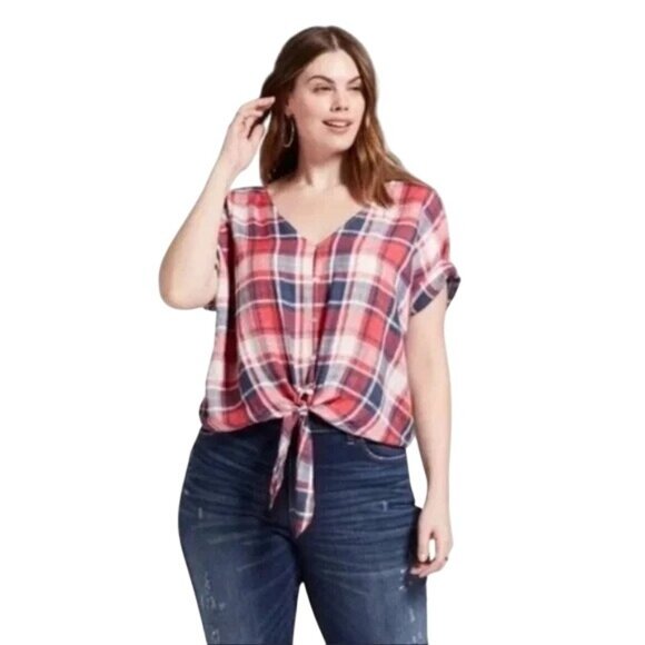 Universal Thread Plaid Shirt Size XXL Short Sleeve Button Front Tie Hem Cowgirl - Picture 1 of 7